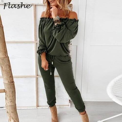 Womens 2 Pieces Sets Off Shoulder Sport Set Drawstring Pant Suit Female Tracksuit Ruffle Solid Suit Fashion Ladies Outfit 2021