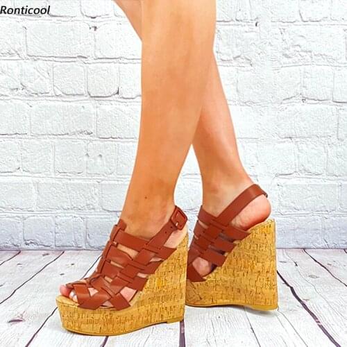 Ronticool New Handmade Women Gladiator Sandals Buckle Strap Wedges High Heels Open Toe Elegant Brown Casual Shoes US Size 5-20