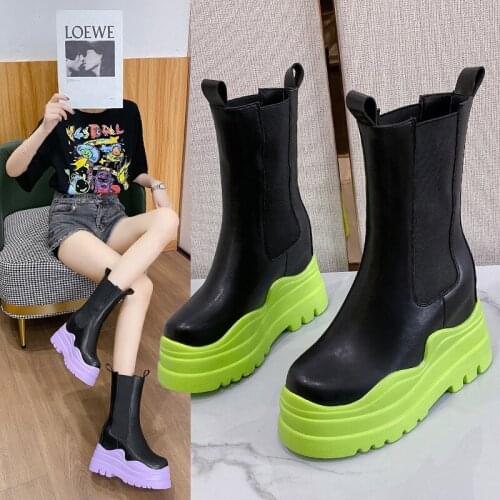 INS 2021 NEW Genuine Leather Warm Boots Women Snow Fashion Elastic Band Thick Night Club Square Toe Botas De Mujer Chelsea