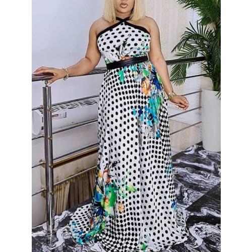 Women Maxi Party Dresses Dots Print Halter Sleeveless Chiffon Dress 2021 Summer Elegant Ladies Dinner Evening Prom Outfits