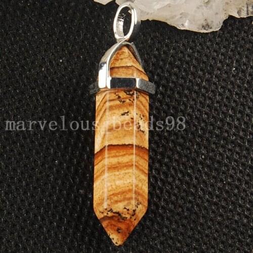 Free Shipping Fashion Jewelry 8x37 MM Picture Jaspe Hexagonal Reiki Chakra Pendant 1Pcs MC2998