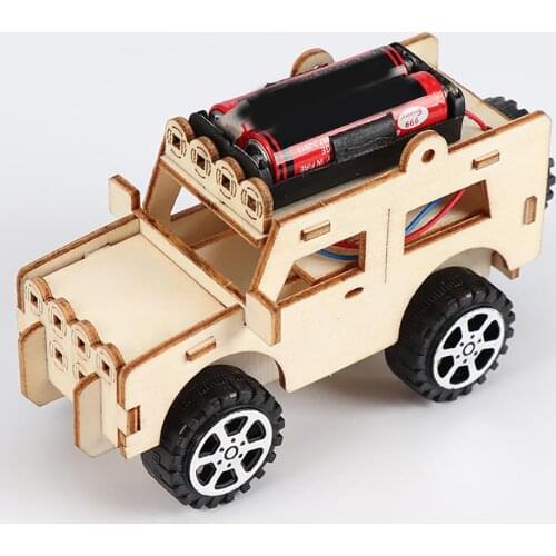 DIY Wooden Electric Jeep Car Assembled Scientific Experiment Kids Education Toy