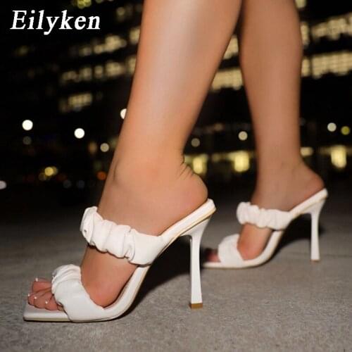 Eilyken New Design Sweet Pleated Fashion Womens Slippers 2021 Summer Female Sandals Thin High Heels Party Dress Pumps Shoes