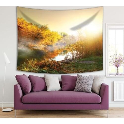 Tapestry Fog over River Trees in Forest Autumn Nature Sunrise Morning Mystic View Yellow Green View Printed