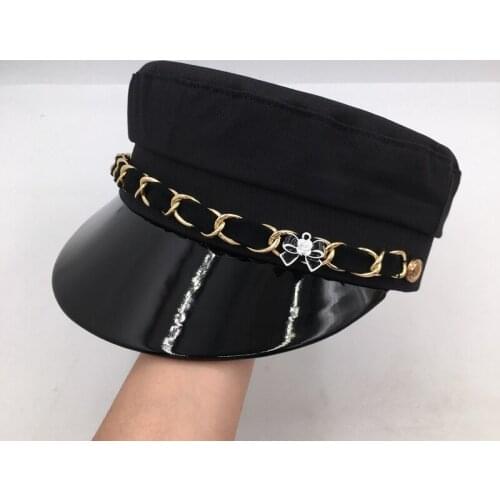 The spring and autumn flat-topped leather womens navy cap with chain eaves womens visor fashion