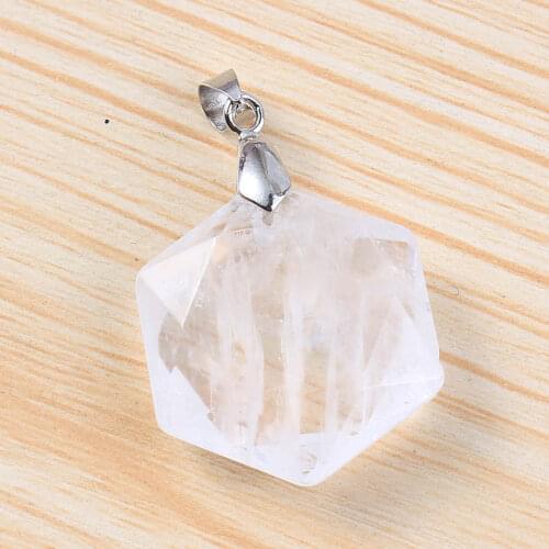 KFT Silver Plated Natural Healing Rock Crystal Hexagon Section Star of David Reiki Quartz Stone Pendant Women Men Jewelry