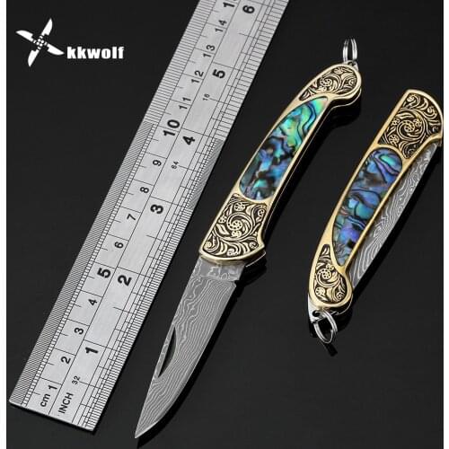 KKWOLF Damascus steel Folding knife Portable Pocket knife Camping survival Tactical knives colorful Abalone shell handle EDC