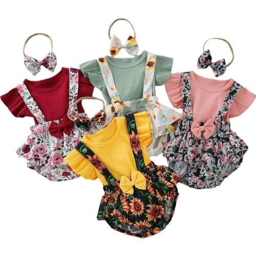 Citgeett Summer Infant Baby Girls Casual Suit Fresh Solid Fly Sleeve T-shirt and Suspender Shorts Headband Clothes Set