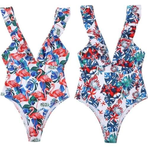 Summer Sexy Ruffle One Piece Swimsuit Off The Shoulder Swimwear Women Print Deep-V Neck Bathing Suits Beach Wear Swim Suit