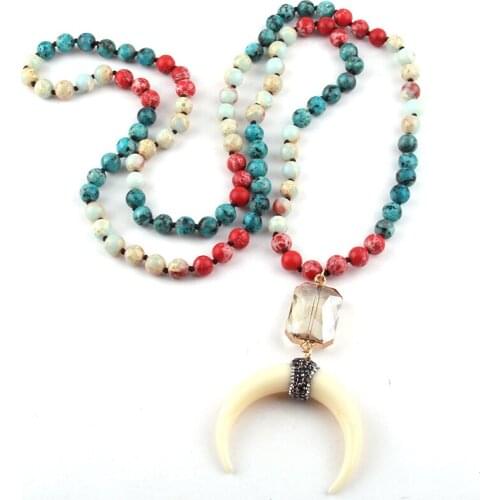 Fashion Bohemian Tribal Jewelry 108 Beads Multi Stone Knotted Crystal Link White Moon Charm Pendant Necklace Wome Yoga Necklace