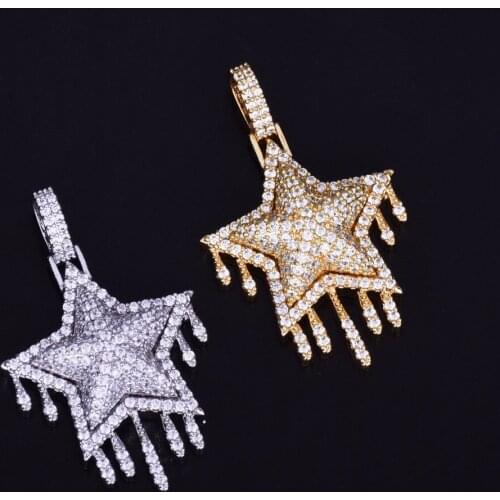 Mens Women Iced Out Cubic Zircon Bling Drip Star Necklace & Pendant Gold Color Hip Hop Jewelry Tennis Chain