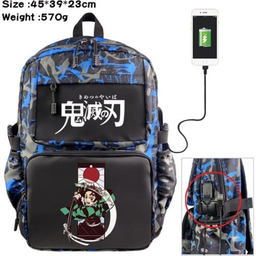 Anime Demon Slayer Nylon Backpack Travel USB Schoolbag Casual Cartoon Student Teenger Knapsack Laptop Bag Zipper Bookbag