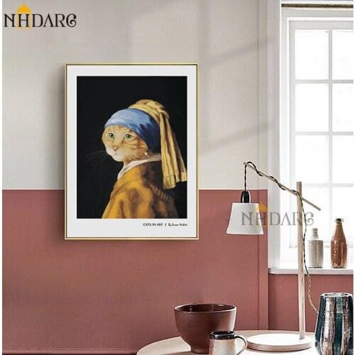 NHDARC Canvas Printings Poster and Painting Cat With A Pearl Earring Creative Art Home Decoration Wall Picture Art