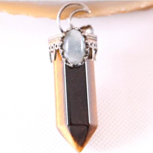 Charm Necklace Pendant Gem Natural Stone Tiger Eye Labradorite Bead Hexagon Antique Crown Half Moon Jewery Gift 1Pcs K798
