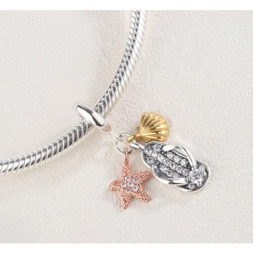 ONEYIDA 100% 925 Sterling Silver Flip Flops Starfish Shell Charms Fit European Bracelet Nekclace DIY Jewelry For Girl Gift