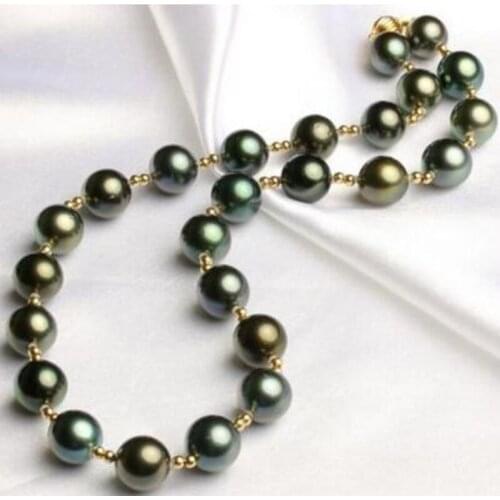 Free shipping >>>>noble jewelry Tahitian 10-11mm Peacock Green Pearl Necklace 18inch 14k