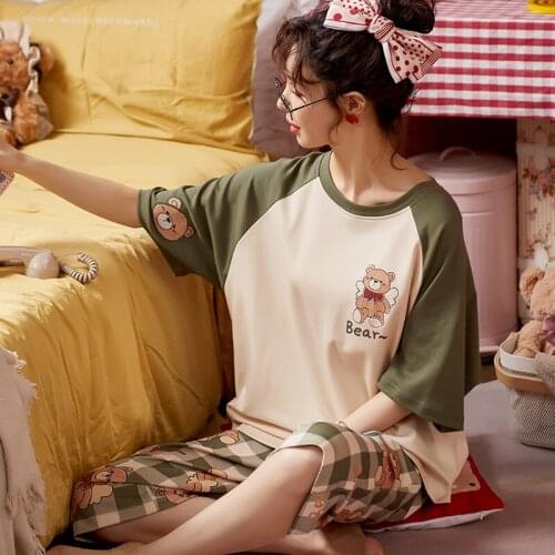 Soft Cotton Pajamas Lattice Calf-Length Sleepwear Green Stitching Summer Women Pajamas Set Kawaii Angel Bear Cartoon Nightwear