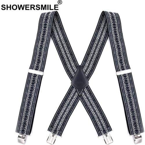 SHOWERSMILE Vintage Suspenders Wide 5cm 4 Clips X Back Braces For Trousers Elastic Grey Geometeric Male Shirt Suspenders 120cm