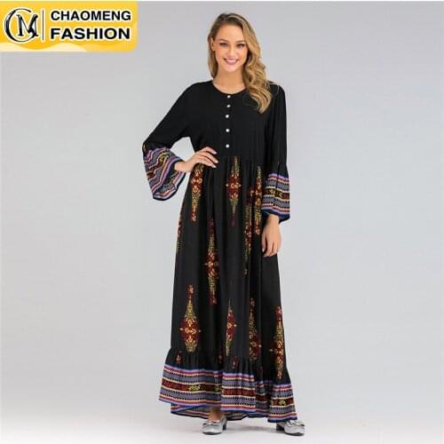 Latest Modest Fashion Print Design Long Sleeve Plus Size Islamic Clothing Causal Women Muslim Dress Turkey Dubai Abaya