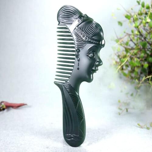 Natural Dark Green Jade Hand-Carving Beauty Theme Jade Comb Beautiful Woman Ornament/Gift*Free Box