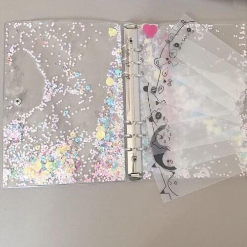 A5 A6 PVC Quicksand Transparent Loose Leaf Binder Folder Cover Note Book Planner Clip Office and 7pcs Cartoon Animal Divider St