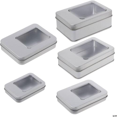 Rectangular Tin Silver Storage Box Case Organizer with Half Clear Window Lid