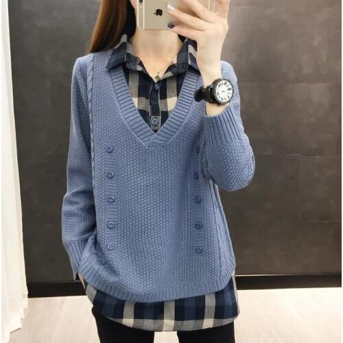 Spring Autumn Style Fake Two-piece Knitted Sweater Pullover Lady Casual Turn-down Collar Long Sleeve Knitted Pullover ZZ0999