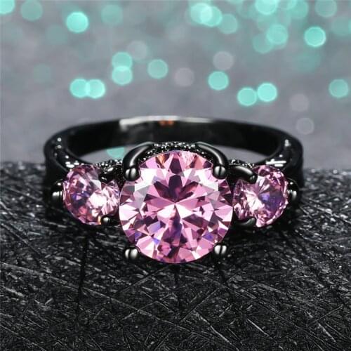 Luxury Female Pink Crystal Stone Ring Classic 14KT Black Gold Wedding Bands Jewelry Punk Round Zircon Engagement Rings For Women