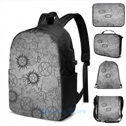 Funny Graphic print Supernatural Grey USB Charge Backpack men School bags Women bag Travel laptop bag