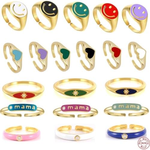 S925 Sterling Silver Finger Rings Dripping oil Adjustable Open Ring For Women Lady Smile Face Love Heart Wedding Jewerly Gift