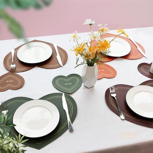 Placemat For Dining Table Coasters Love Heart Shape Leather Material Cup Coffee Table Mats Kitchen Insulation Anti-slip