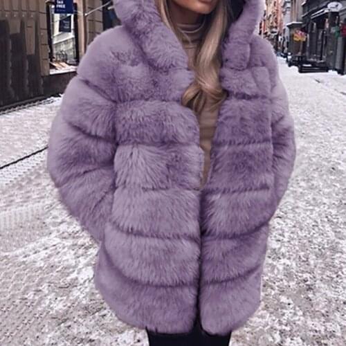 Thick and Warm Winter 2021 Fashion New Womens Plush Faux Fur Coat with Pockets Casual Oversized Fashionable Hooded Coat