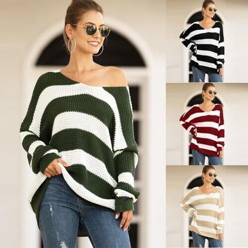 Spring 2020 womens knit shirt V-neck striped off shoulder sweater