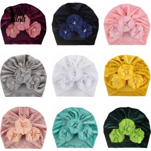 Yundfly High Quality Gold Velvet Newborn Hat Hand Sewing Beads Flowers Baby Girls Cap Cute Floral Headwear Kids Hair Accessories