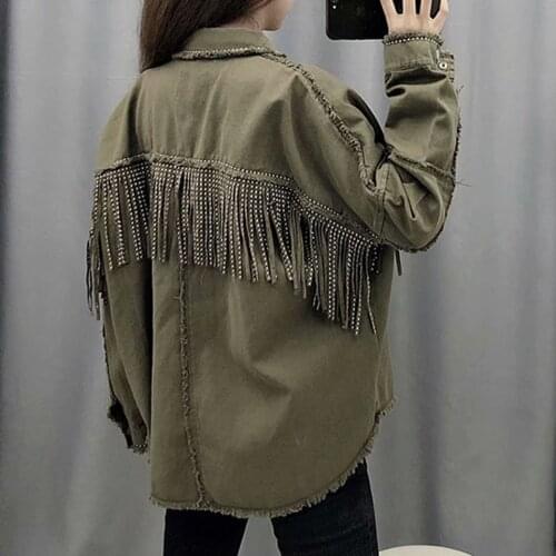 Vintage Fringe Beaded Loose Denim Jacket Coat Women 2020 Fashion Tassel Long Sleeve Frayed Trim Ladies Outerwear Chaqueta Mujer