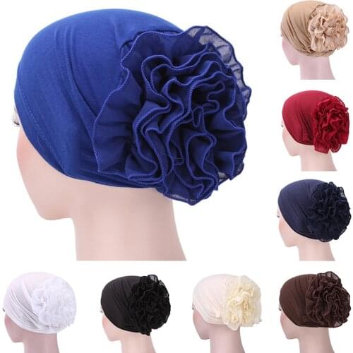 Woman Big Flower Turban Hair Accessories Head Wrap Hijab Hat Chemo Beanie Ladies Muslim Hair Loss Scarf Cap Solid Color Headwear