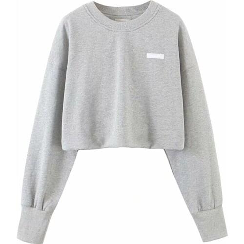 YENKYE Vintage Gray Cropped Hoodie Women O Neck Long Sleeve Casual Loose Pullover Sweatshirt Autumn Terry sudaderas Tops