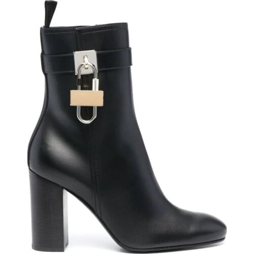 Womens Genuine Leather Ankle Boots Block High Heel Lock Shoes Retro Knight Riding Plus Size New 2022