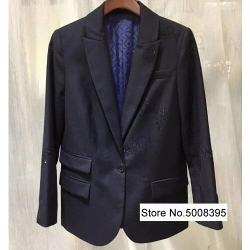Woman Navy Blazer Leaves Rhinestone Strass Hot Fix Single Button Flap Pockets Long Sleeves Fashion Top 2020 New