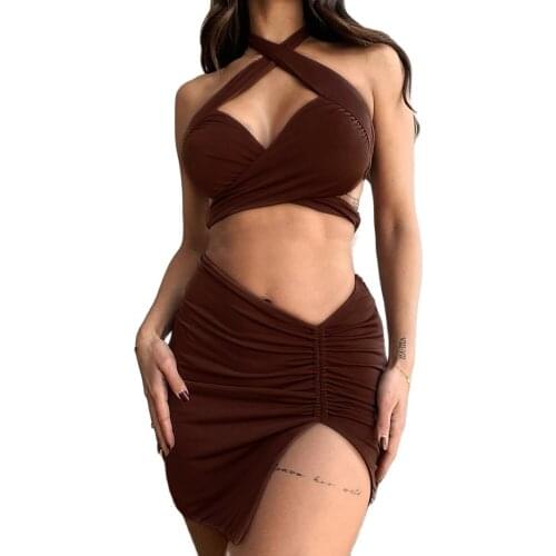 XLLAIS Cotton Brown Bandage Tops Ruched Slit Mini Skirts Women Sexy Halter Neck Vests Clubwear Matching Outfits Two Piece Sets