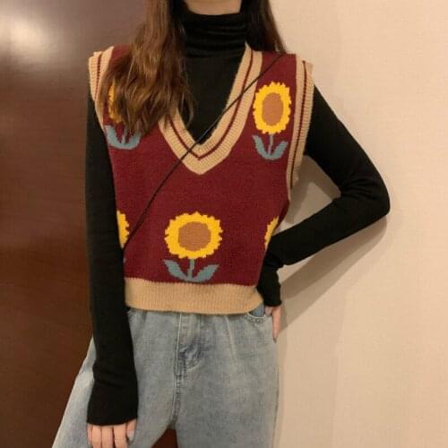 Women Warm Sleeveless Female Knitted Vest for Winter Fashion Elegant Office Ladies Sweater Vest V-Neck Sunflower Print Chic Tops