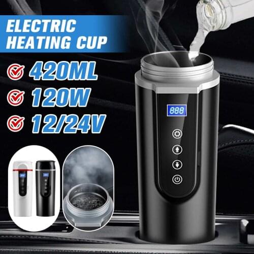 12V/24V 420ml Stainless Steel Car Heating Cup Electric Water Cup 120W LCD Display Temperature Thermos Bottle Tea Coffee Kettle