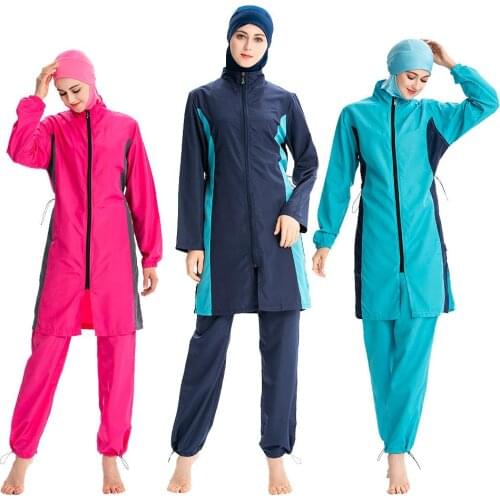2019 Muslim Women Swimwear Hijab Modest Swimsuit Islamic Full Cover Beachwear Burkini Arab Bathing Suits 3PCS Sets Conservative