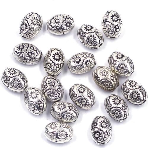 30Pcs Spacer Beads Flower Sun Carved Oval Sliver Tone Zinc Metal Alloy For Charms Bracelets Jewelry DIY Findings 8x6mm