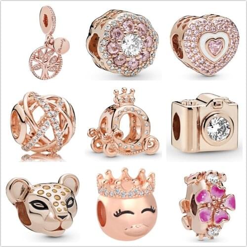 925 sterling silver rose gold bead shining crown carriage Lion camera charm for pandora bracelet diy fashion women jewelry 2021
