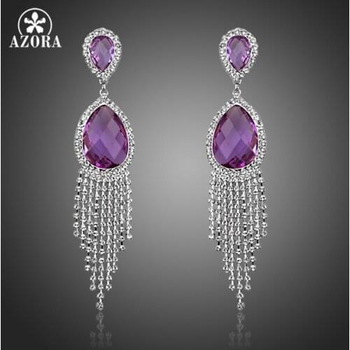 AZORA Noble Purple Water Drop Stellux Austrian Crystal With Micro Clear Crystal Tassel Drop Earrings for Wedding TE0247