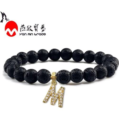 Charm Bracelet A-z Alphabet Initial 8mm Black Volcanic Stone Beads Chakra Lava Men Bracelet For Women 2020 New Bracelet Jewelry