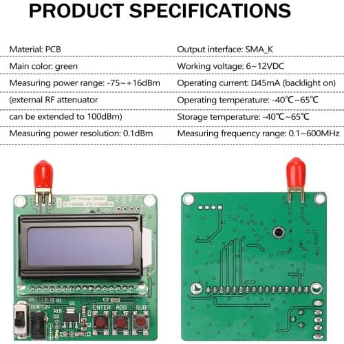 LCD Backlight Digital Display RF Power Meter Module -75~+16dBm 0.1-600MHz Radio Frequency Attenuation Value Long Service Life