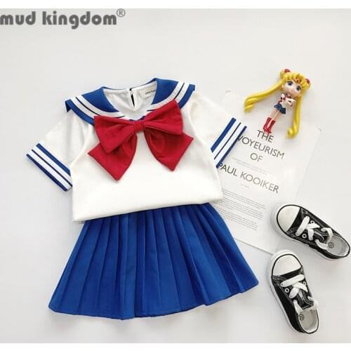 Mudkingdom Girls Sets Summer Sailor Collar Bow T-shirts Solid Pleated Skirt Outfits for Girl College Style School Kids Clothes