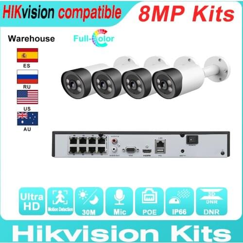 Hikvision Compatible Kits IP Bullet Camera 4K 8MP 4PCS Built-In Mic ColorVu+ Hikvision Original NVR DS-7608NI-Q1/8P CCTV System